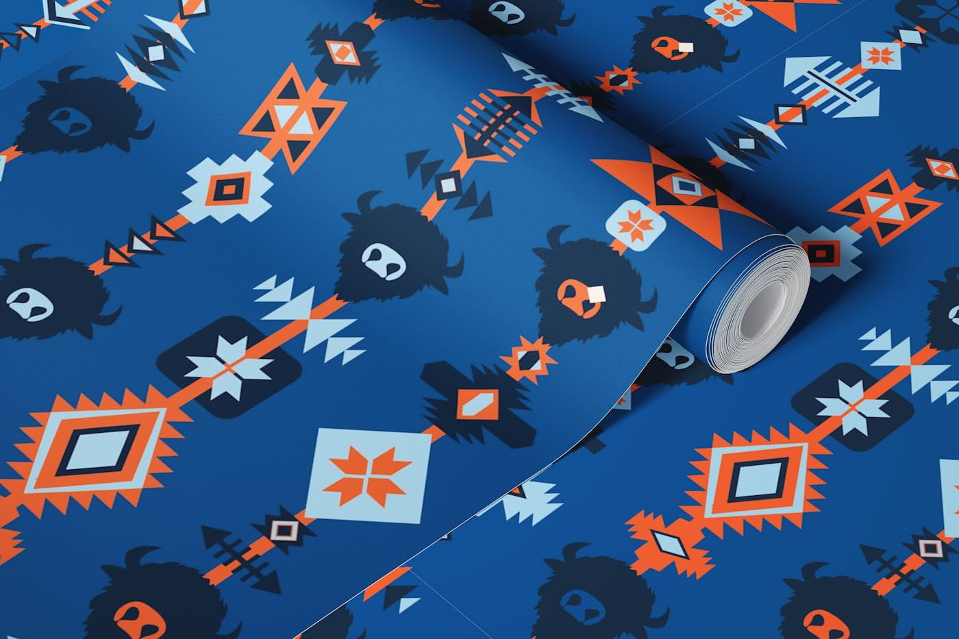 Buffalo and Aztec Lines - Deep Blue Orange wallpaper roll