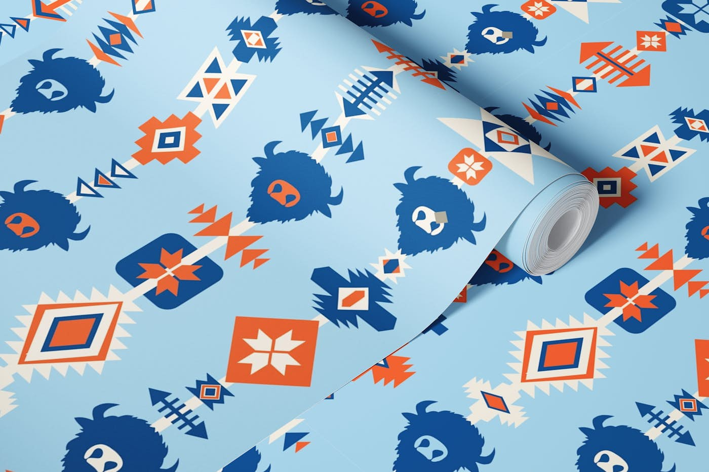 Buffalo and Aztec Lines - Light Blue Orange wallpaper roll