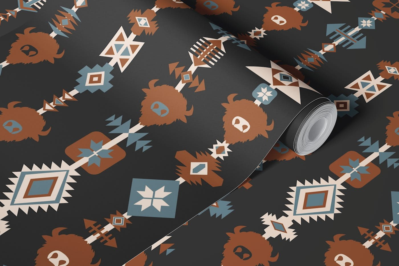 Buffalo and Aztec Lines - Black Brown wallpaper roll