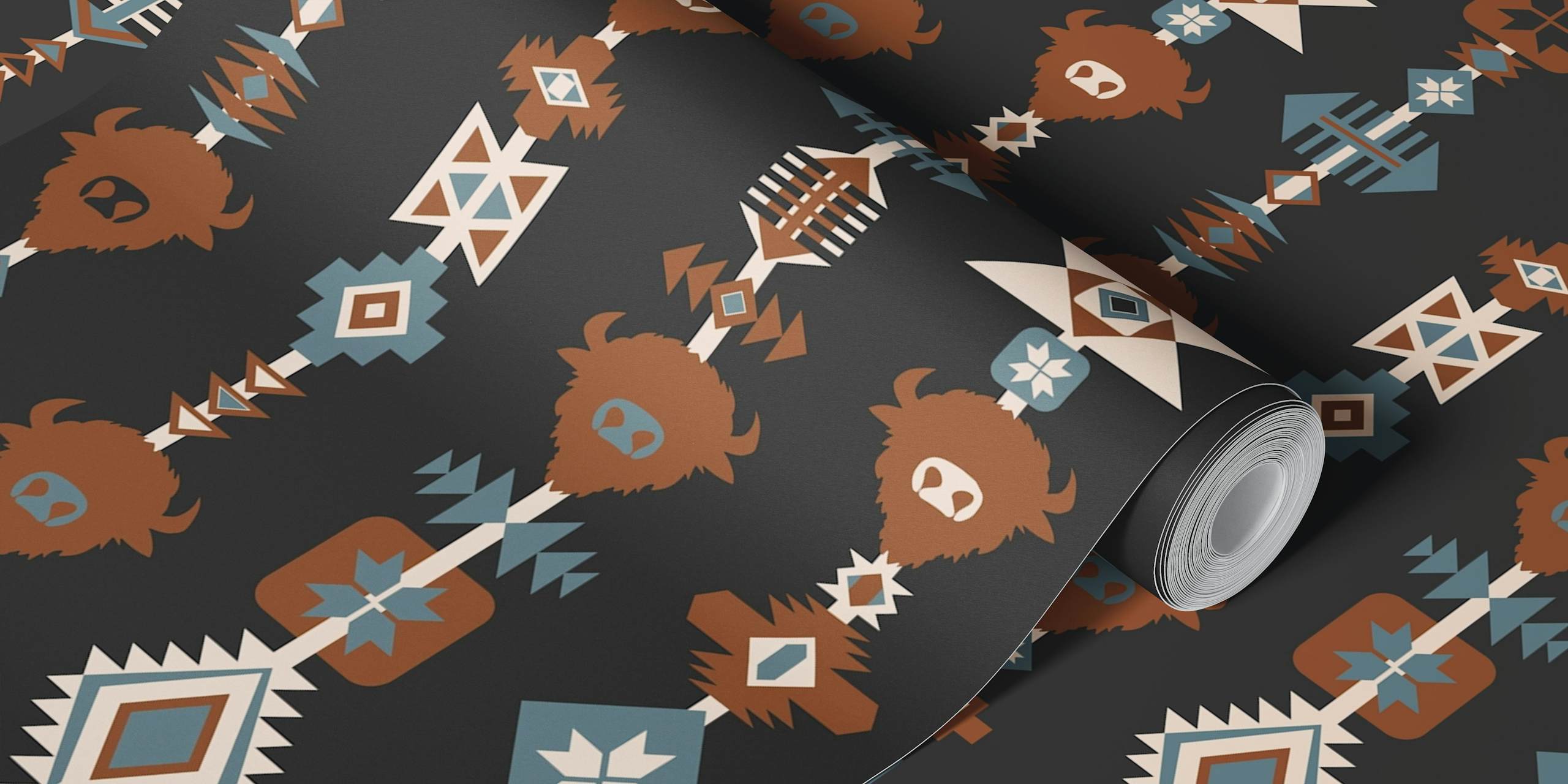 Buffalo and Aztec Lines wallpaper in a room
