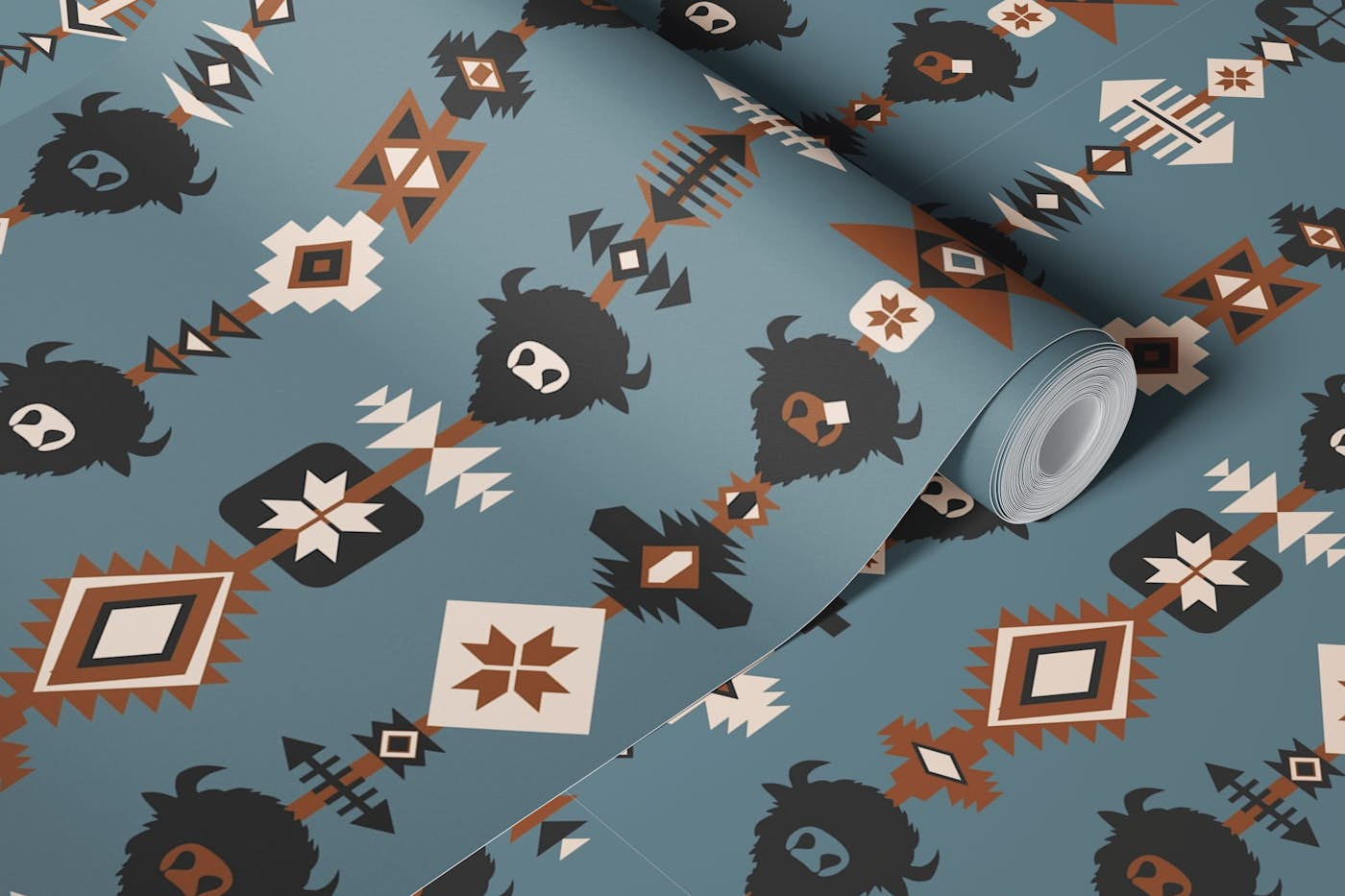 Buffalo and Aztec Lines - Slate Blue Brown wallpaper roll