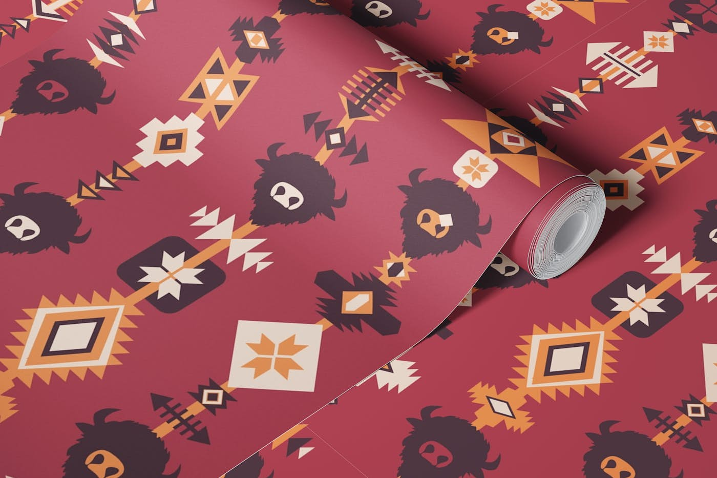 Buffalo and Aztec Lines - Pink Orange wallpaper roll