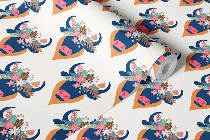 Blue Bulls with Colorful Floral Crowns Gridwallpaper roll