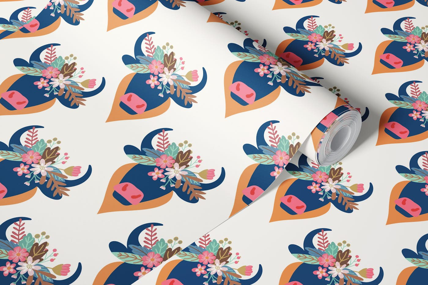 Blue Bulls with Colorful Floral Crowns Grid wallpaper roll