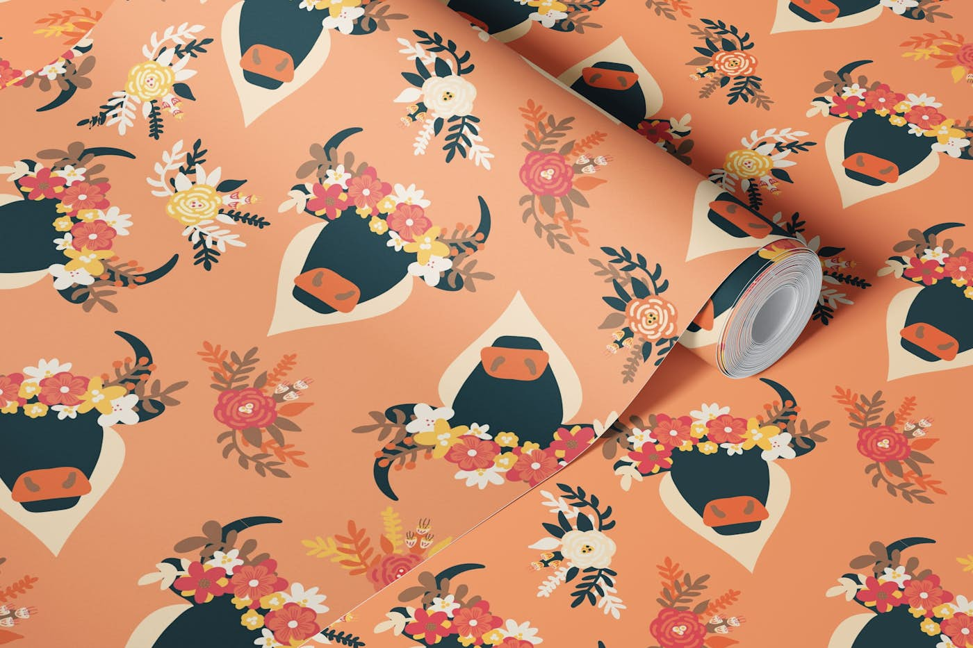 Black Bulls with Flower Crowns on Orange wallpaper roll