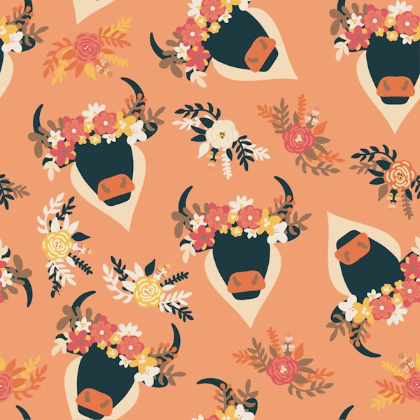 Black Bulls with Flower Crowns on Orange