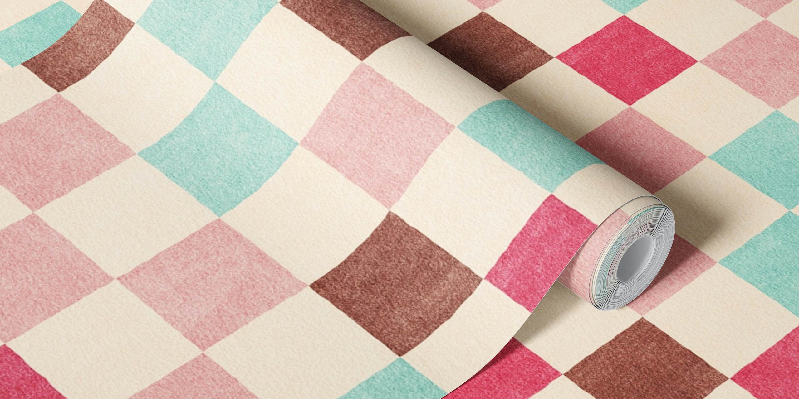 Checker - 003 - 02 Wall Mural With Pink, Mint Green, And Burgundy Checkered Pattern