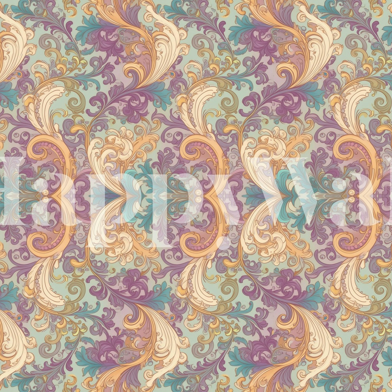 Baroque floral pattern with pastel colors including purple, blue, and beige wallpaper