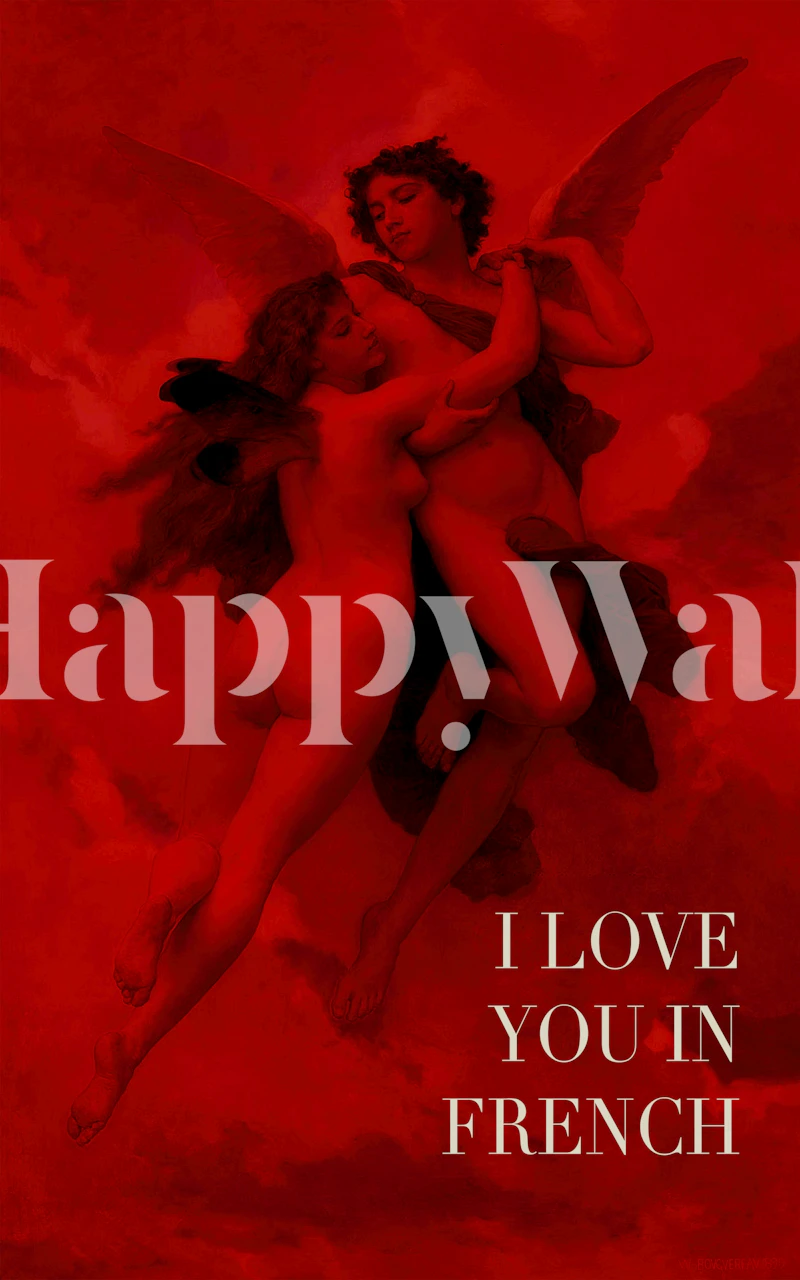 Red wallpaper featuring vintage angels with romantic text