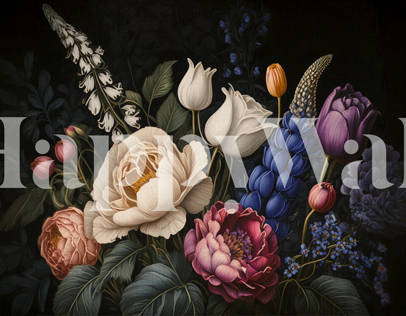 Colorful baroque floral arrangement with peonies, tulips, and lupines wallpaper