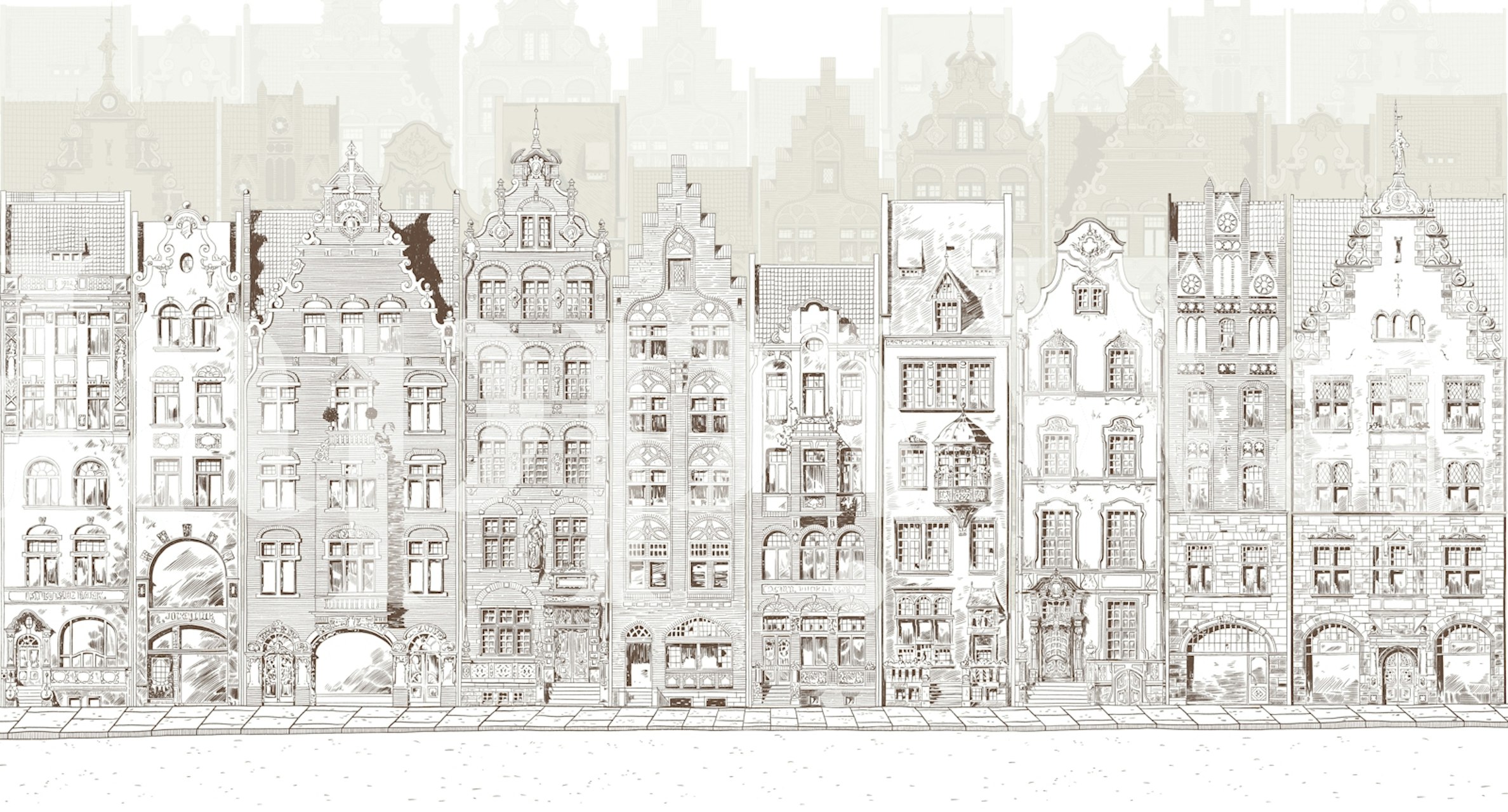 Illustration of Amsterdam houses in beige and gray tones wall mural