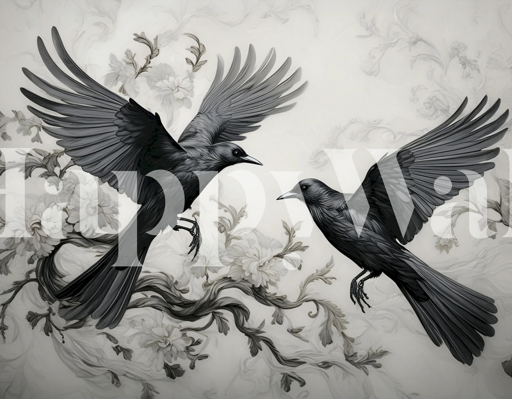 Baroque stil tapet med svarta fåglar