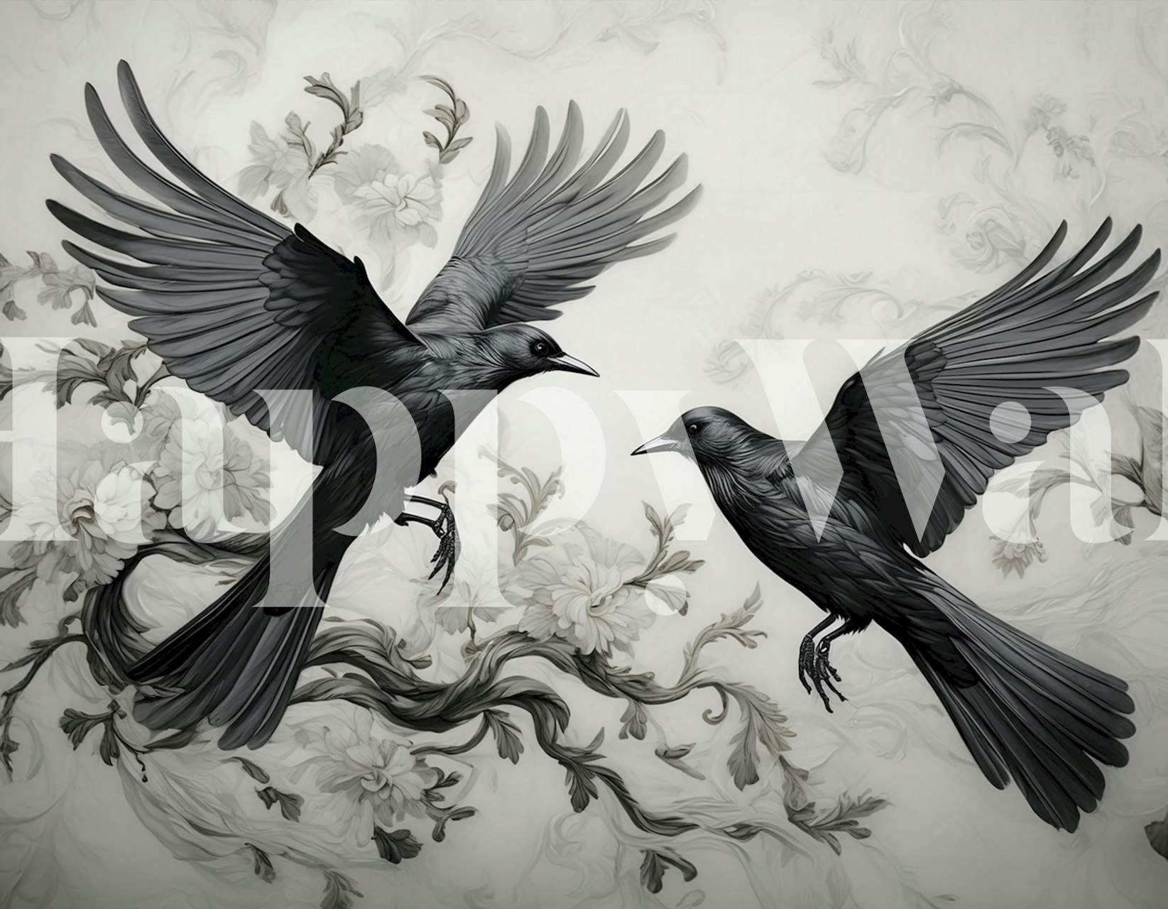 Two black birds in flight surrounded by flowers, wallpaper