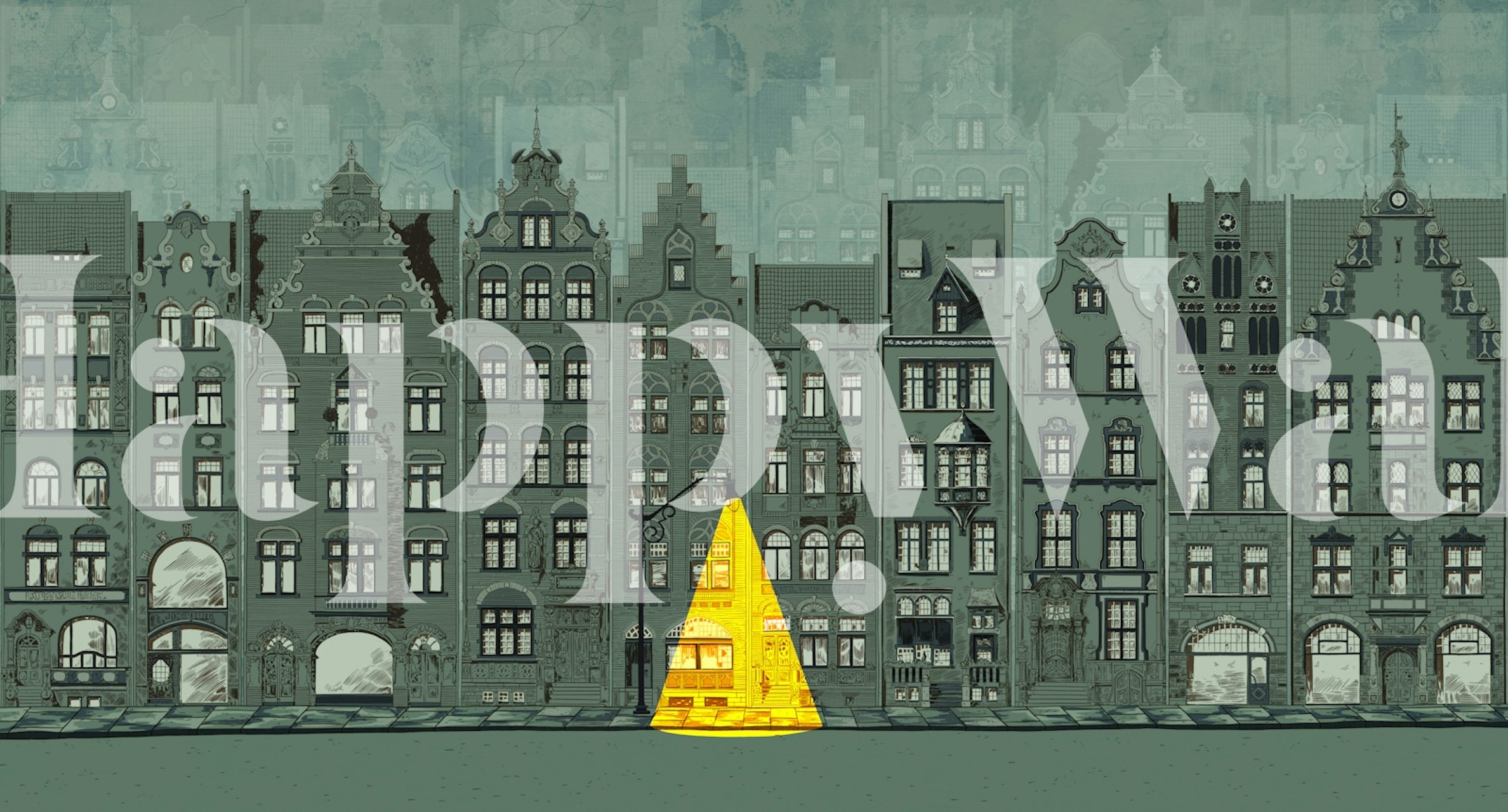 Graphic mural of Amsterdam houses on wall
