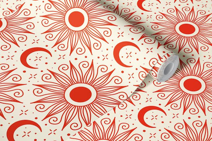 Sun and moon vintage pattern, red / 3140 Cwallpaper roll
