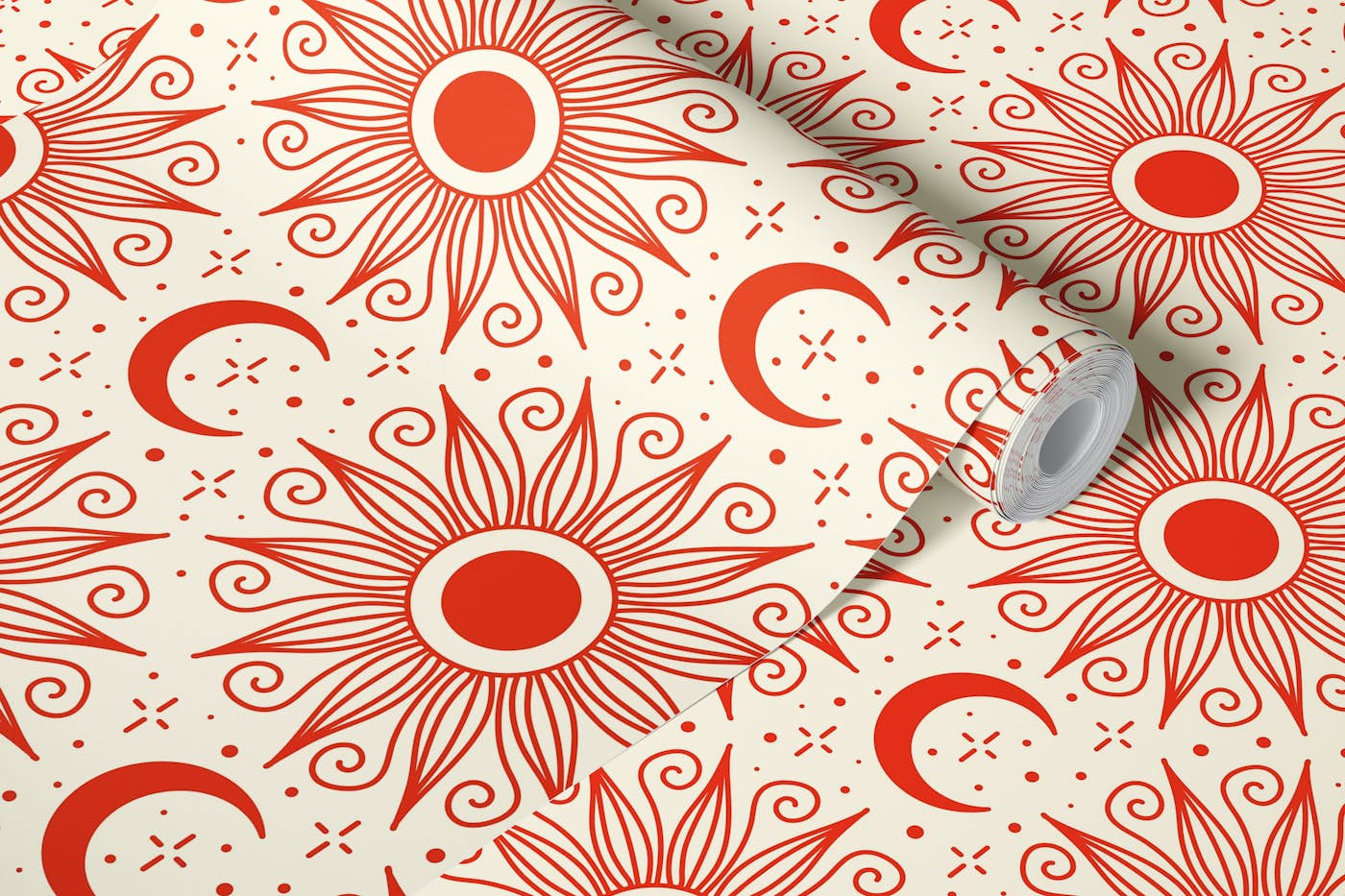 Sun and moon vintage pattern, red / 3140 C wallpaper roll