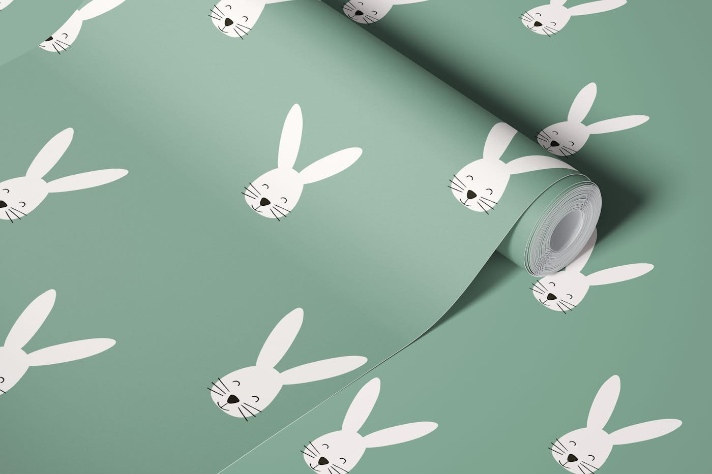 Happy Bunny sage green wallpaper roll