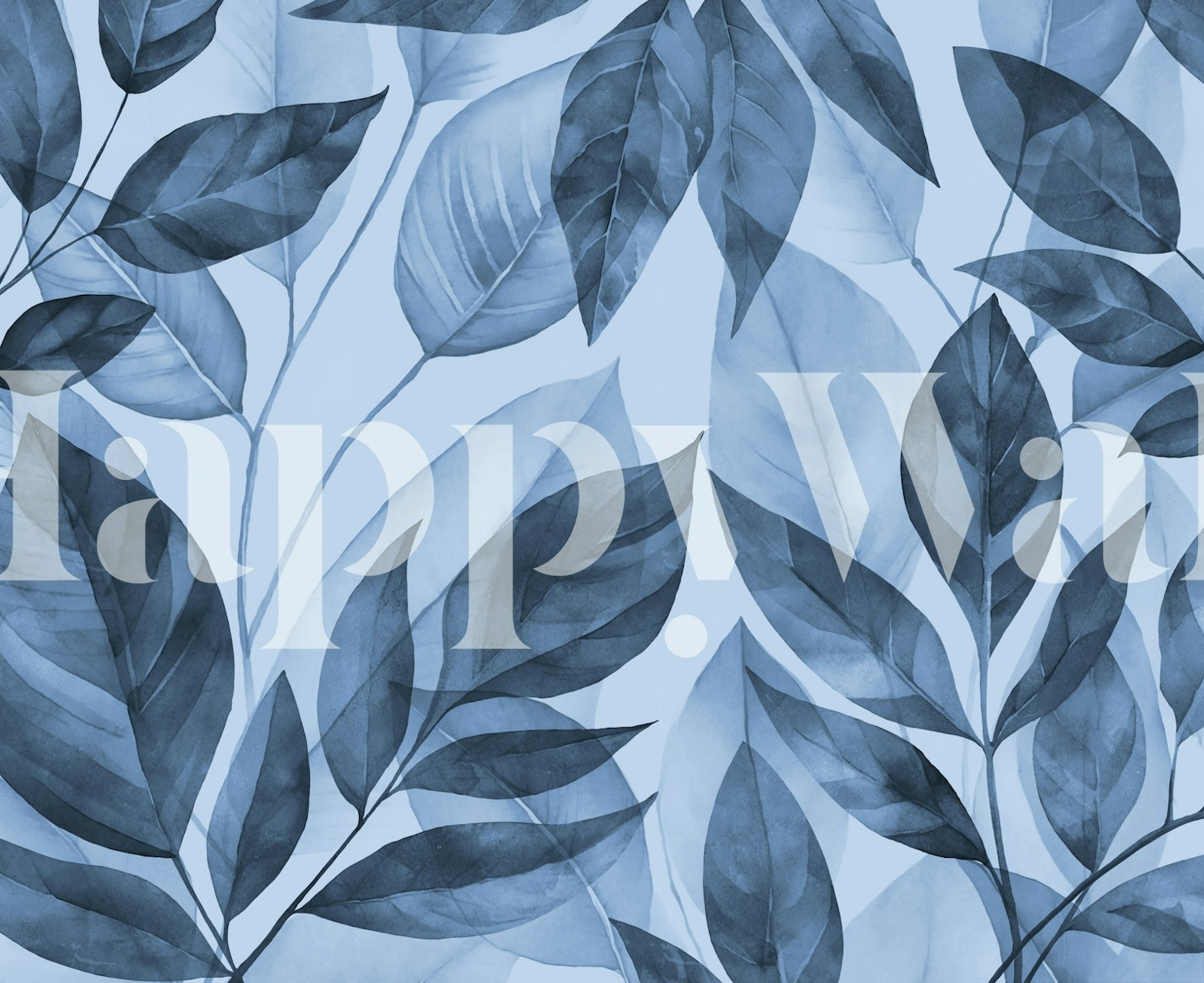 Calm Leaves Navy Blue Foliage behang in een kamer