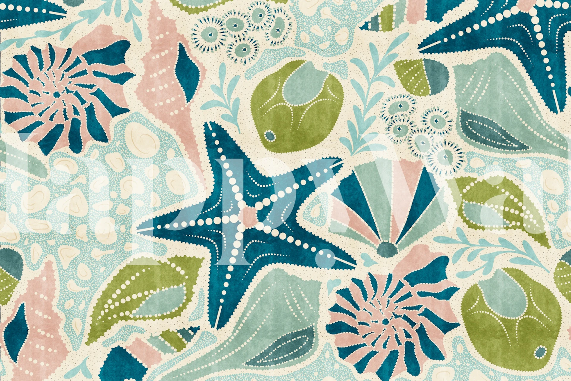 Kleurrijk maritiem behang met sterren, schelpen, en bladeren in blauw, groen en roze