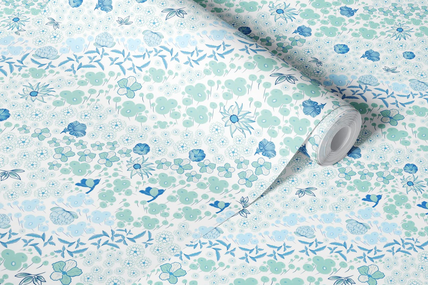 Blue retro floral pattern wallpaper roll