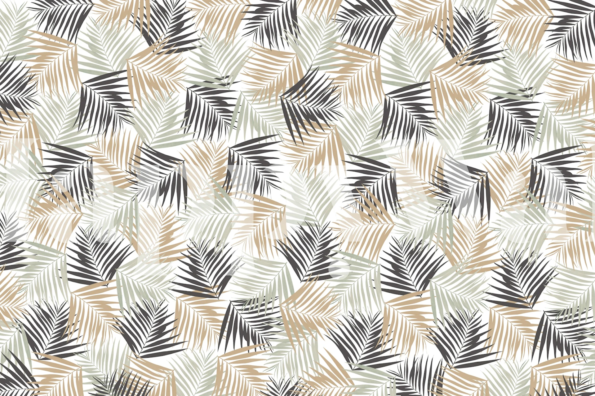 Tropical palm leaves in black, green, and beige wallpaper