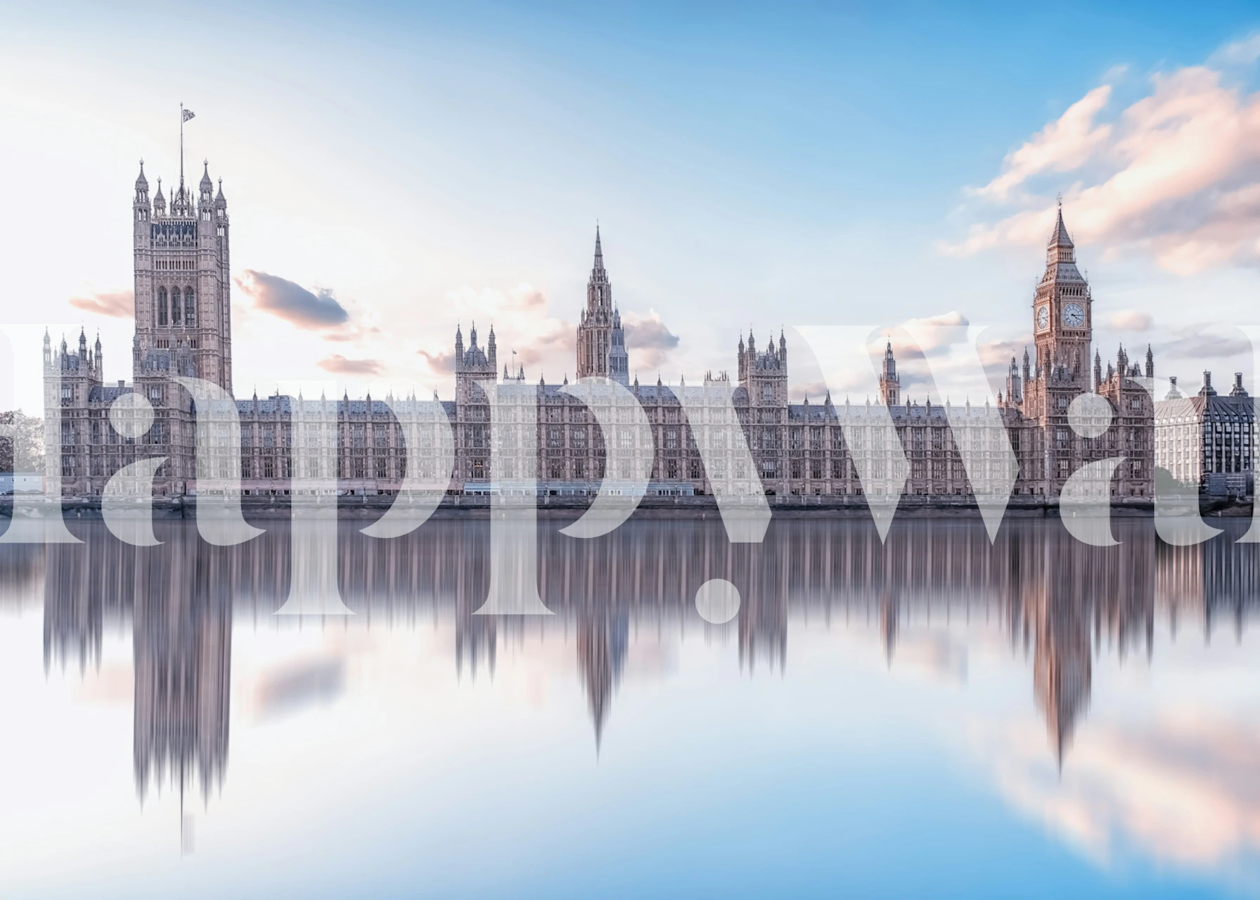 Big Ben and Houses of Parliament reflection on water, soft blue and beige wallpaper
