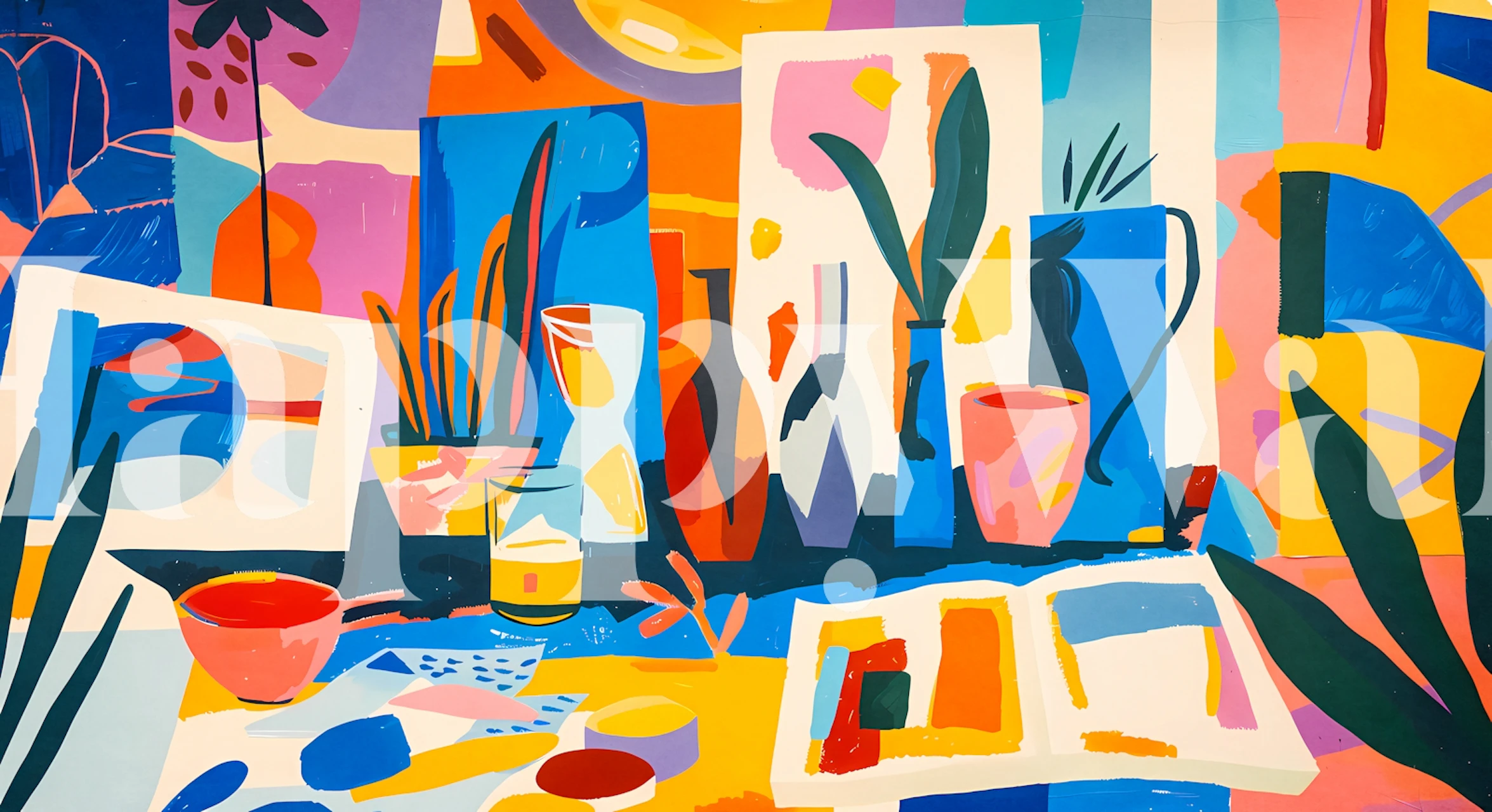 Värikäs abstrakti stillife Matisse 2 -tapetti rohkeilla muodoilla ja eloisilla sävyillä