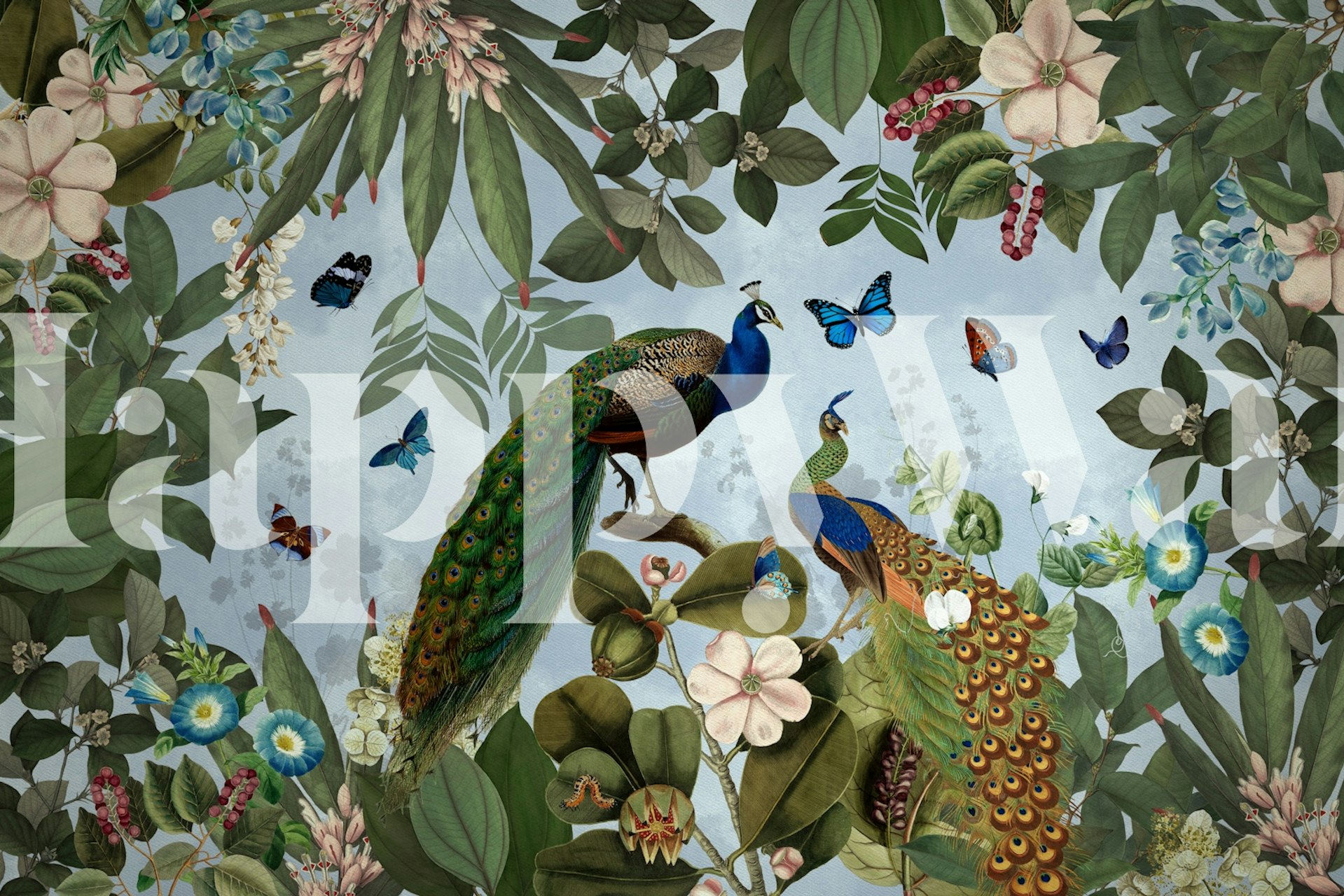 Tropical peacocks surrounded by flowers and butterflies wallpaper