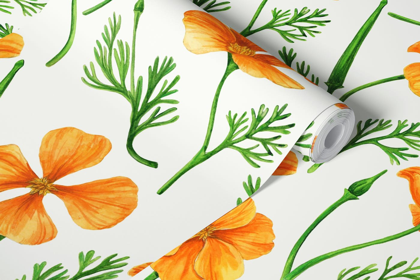 California poppies on off white wallpaper roll