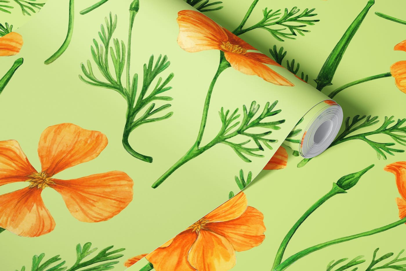 California poppies on light green wallpaper roll