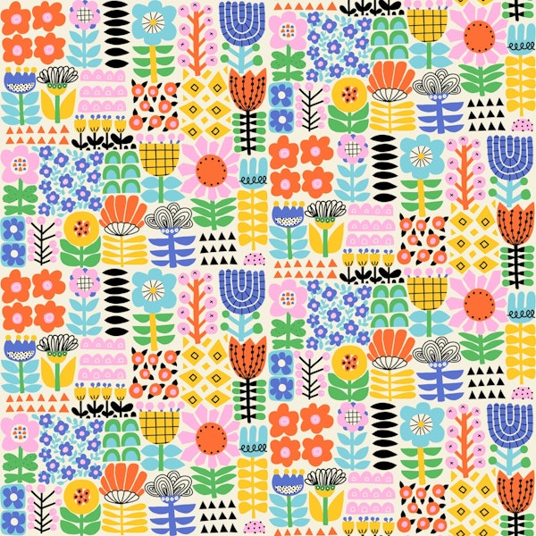 Maximalist Folk Art Flower Grid on White