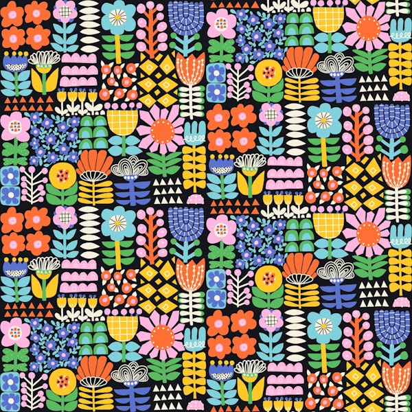 Maximalist Folk Art Flower Grid on Black