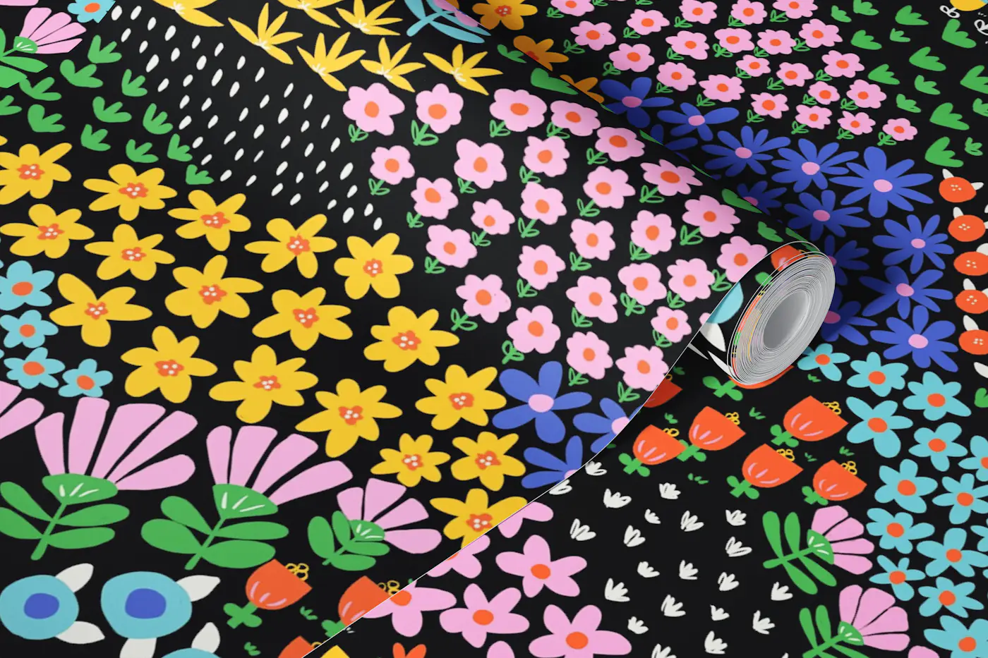 Folk Flower Fields Flowing on Black wallpaper roll