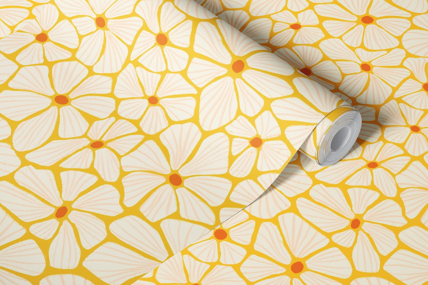 Textured Flower Mosaic - Yellow White Orange wallpaper roll