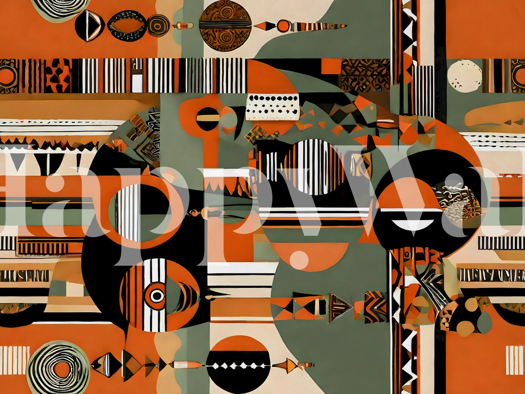 Abstract African art wallpaper features orange, black, and green geometric shapes and patterns.