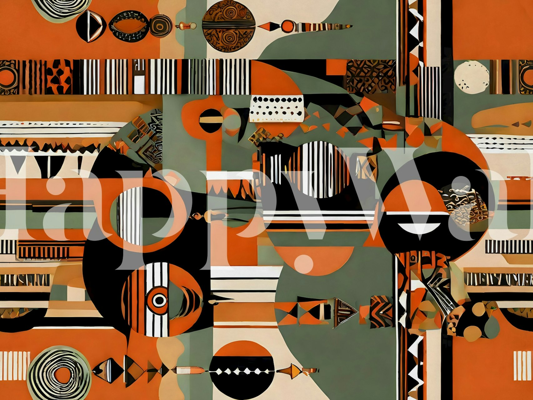 Abstract African art wallpaper features orange, black, and green geometric shapes and patterns.