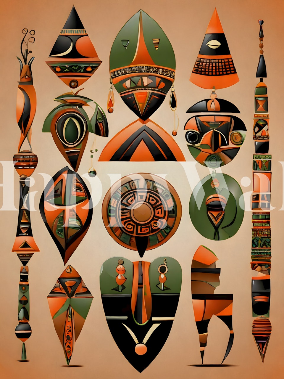 Tribal African art motifs in green and orange colors wallpaper