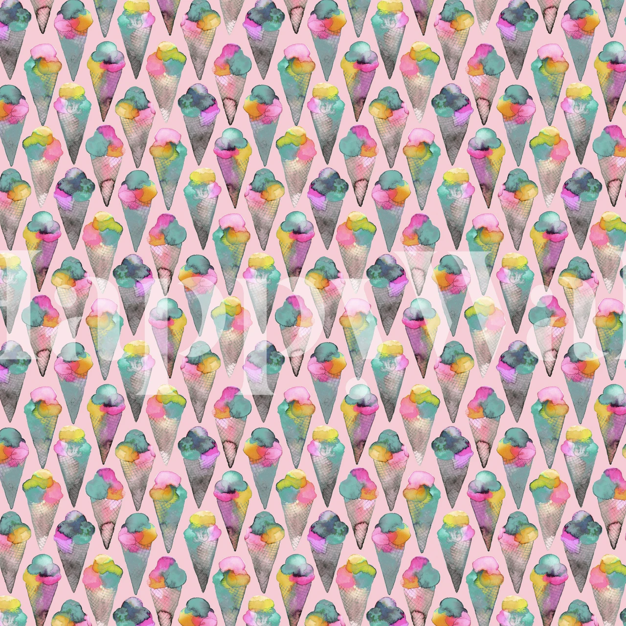 Roze fotobehang met een patroon van schattige pastelkleurige ijshoorntjes, perfect voor kinderkamers of dessertwinkels