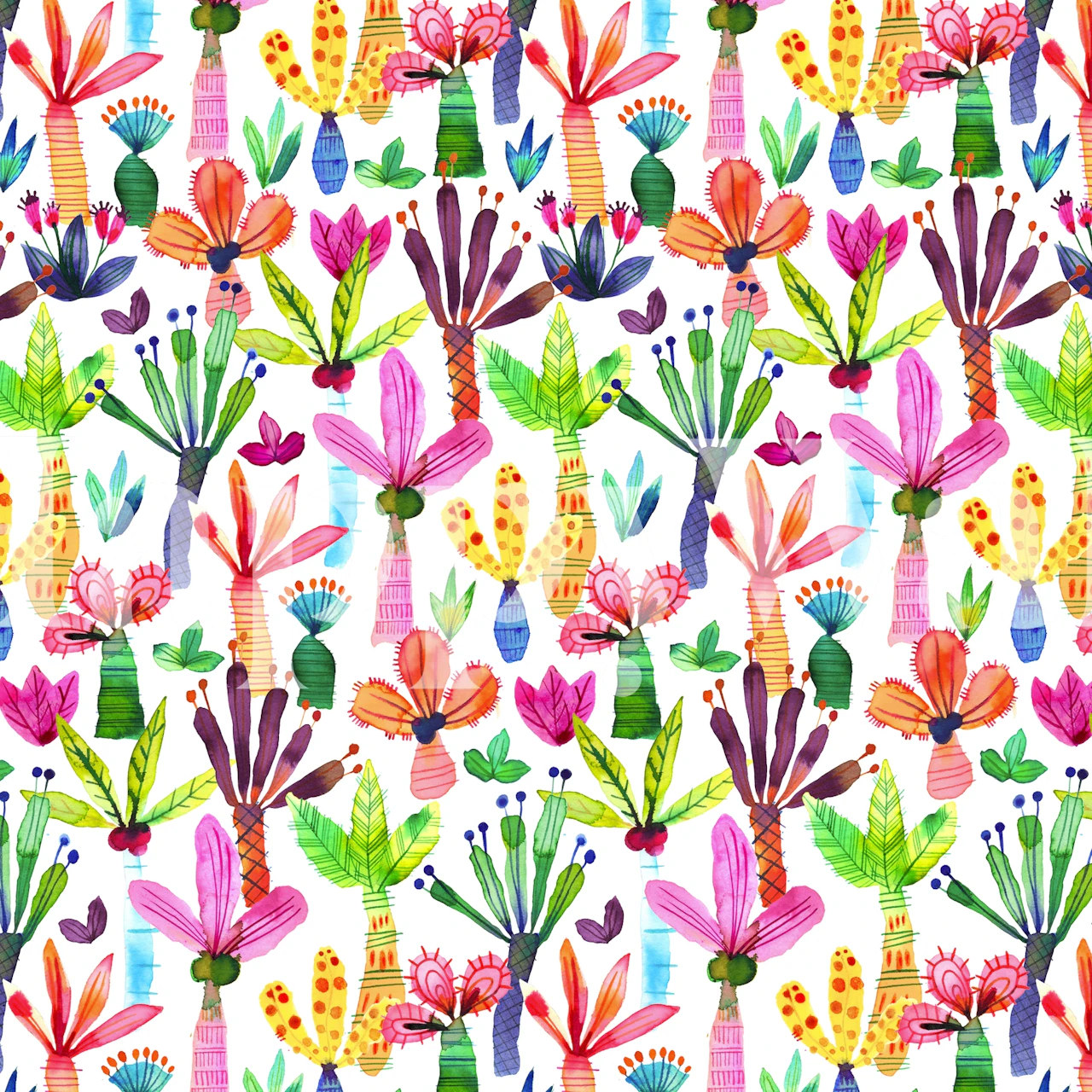 Projekt tapety z kolorowymi tropikalnymi palmami i kwiatami