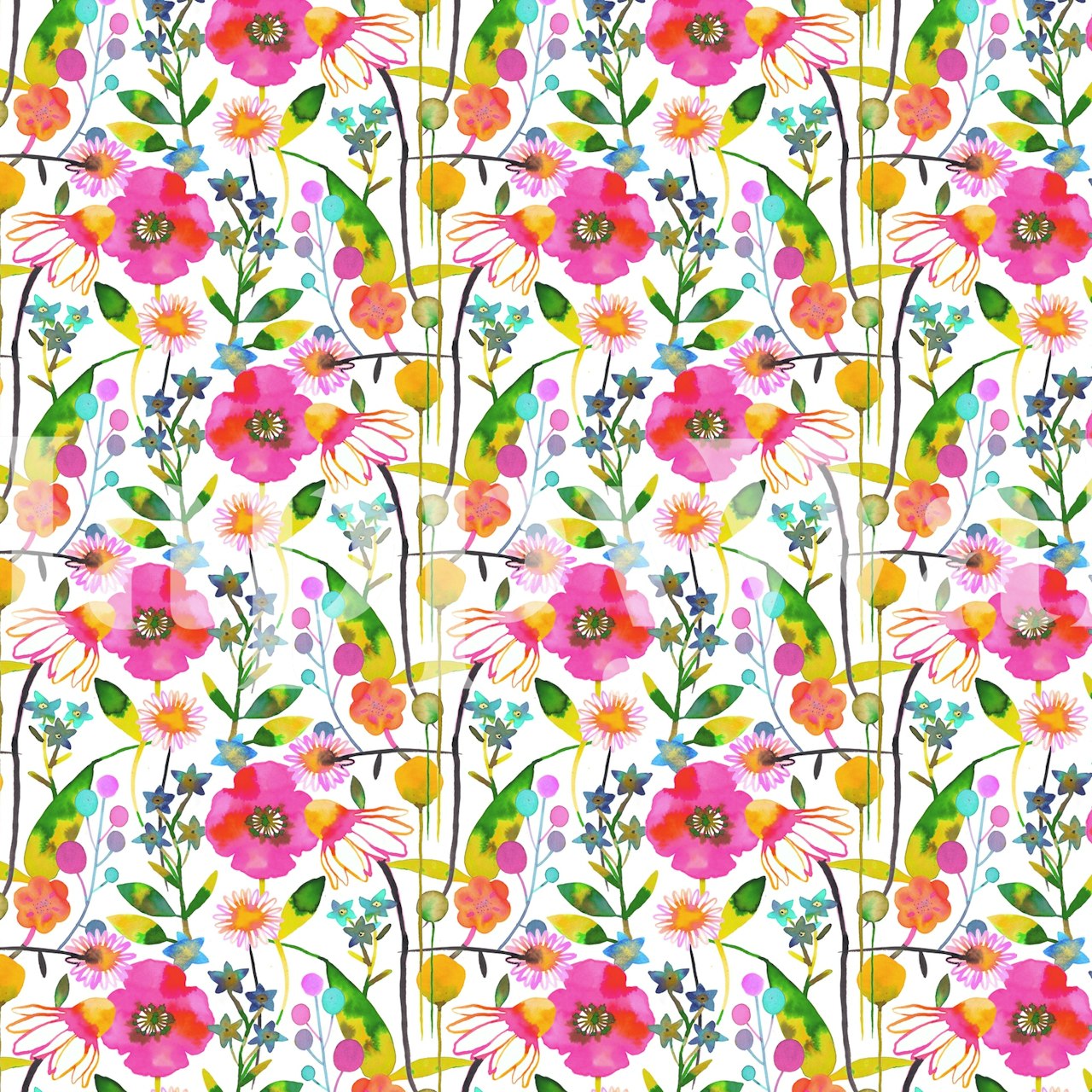 Floral wallpaper with spring poppies and daisies
