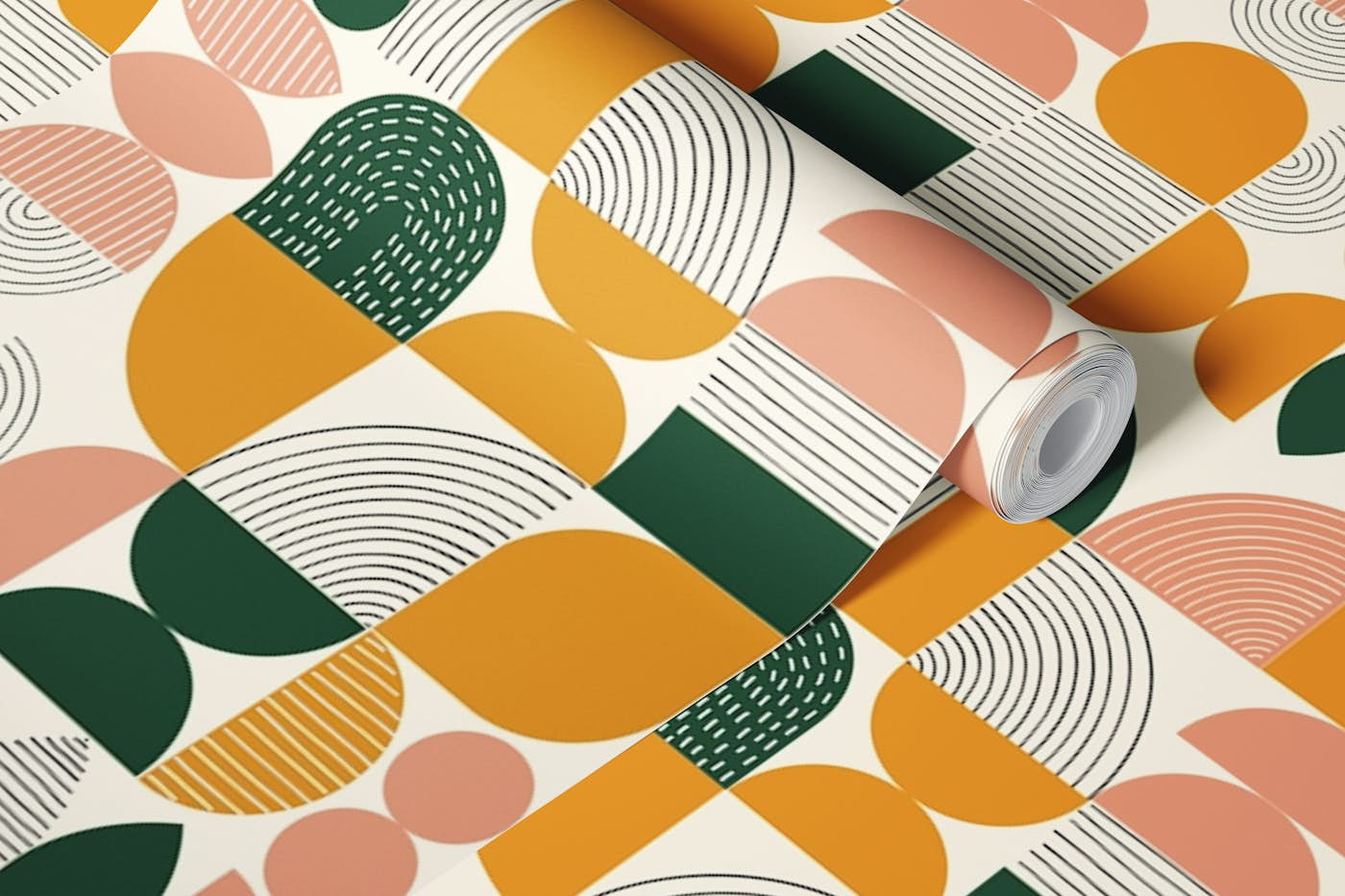 Mod Geometric Shapes & Lines - Green Mustard wallpaper roll