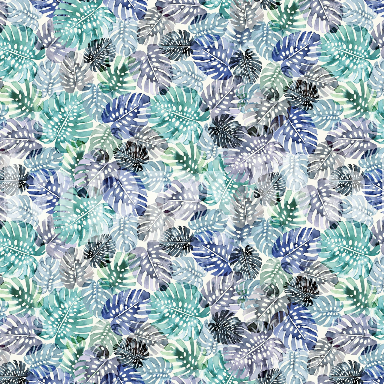 Monstera tropical leaves in shades of blue and green wallpaper