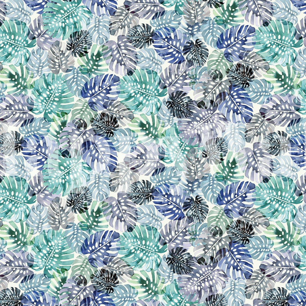 Monstera Tropical Leaves Blue tapet i ett rum