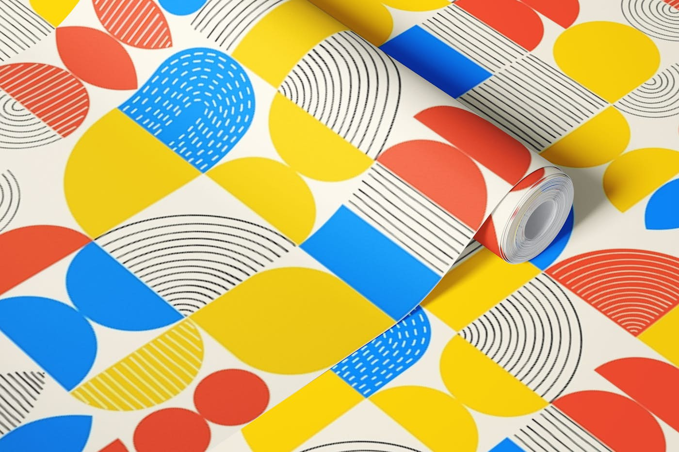 Mod Geometric Shapes & Lines - Primary Colors wallpaper roll