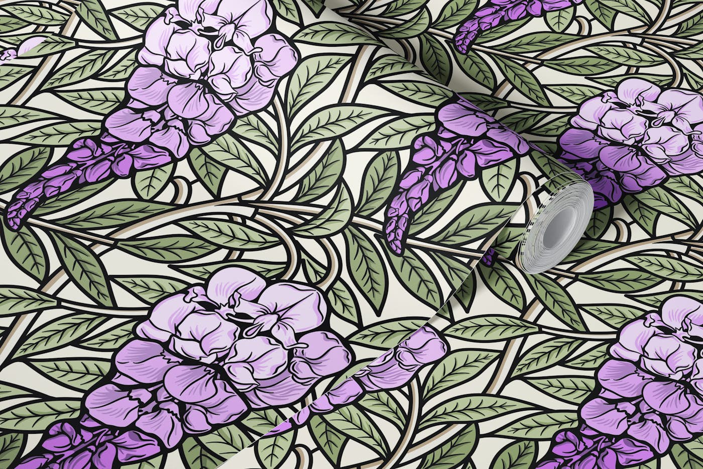 Retro Wisteria Glycine on vintage white sm wallpaper roll