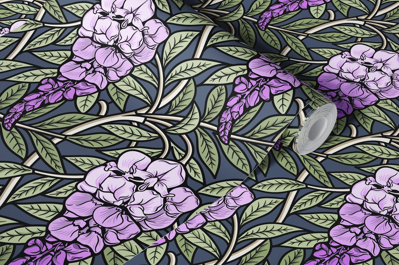 Retro Wisteria Glycine on vintage navy wallpaper roll