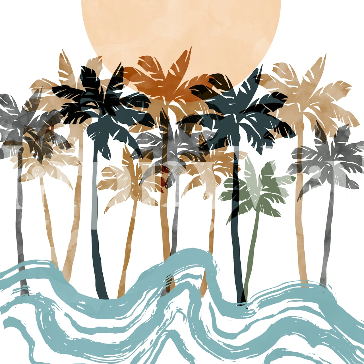 Tropical palm trees with blue waves and a soft sun wallpaper