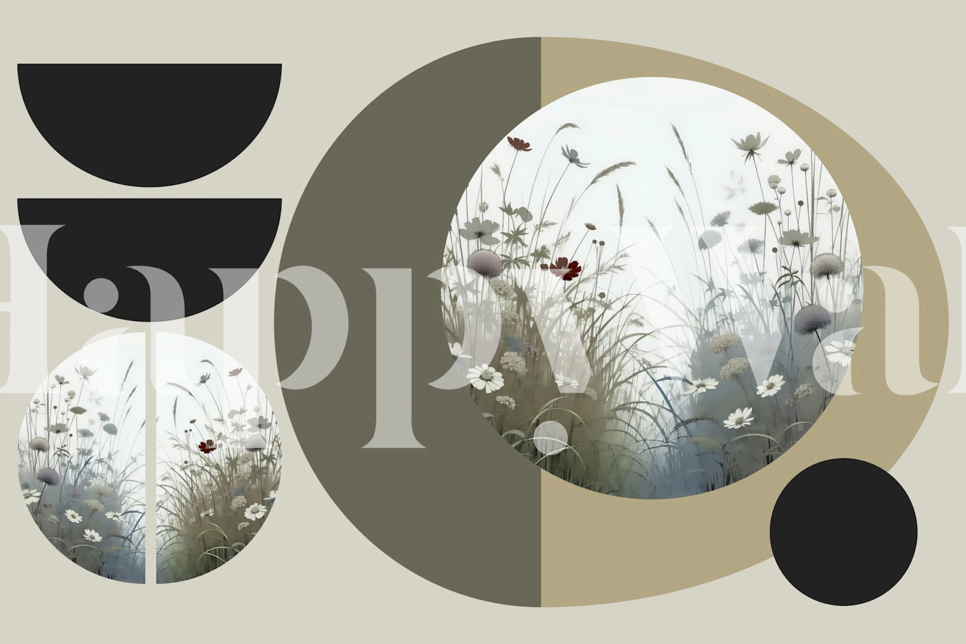 Floral meadow design with circles and muted colors wallpaper