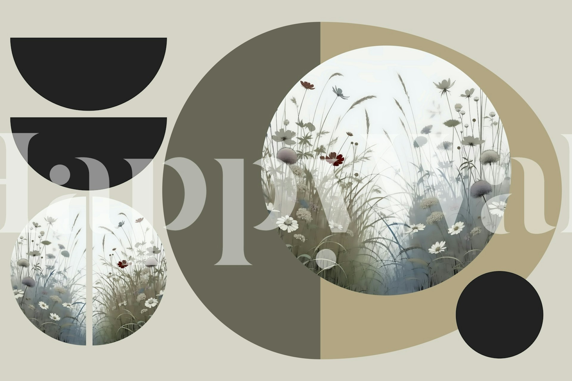 Floral meadow design with circles and muted colors wallpaper