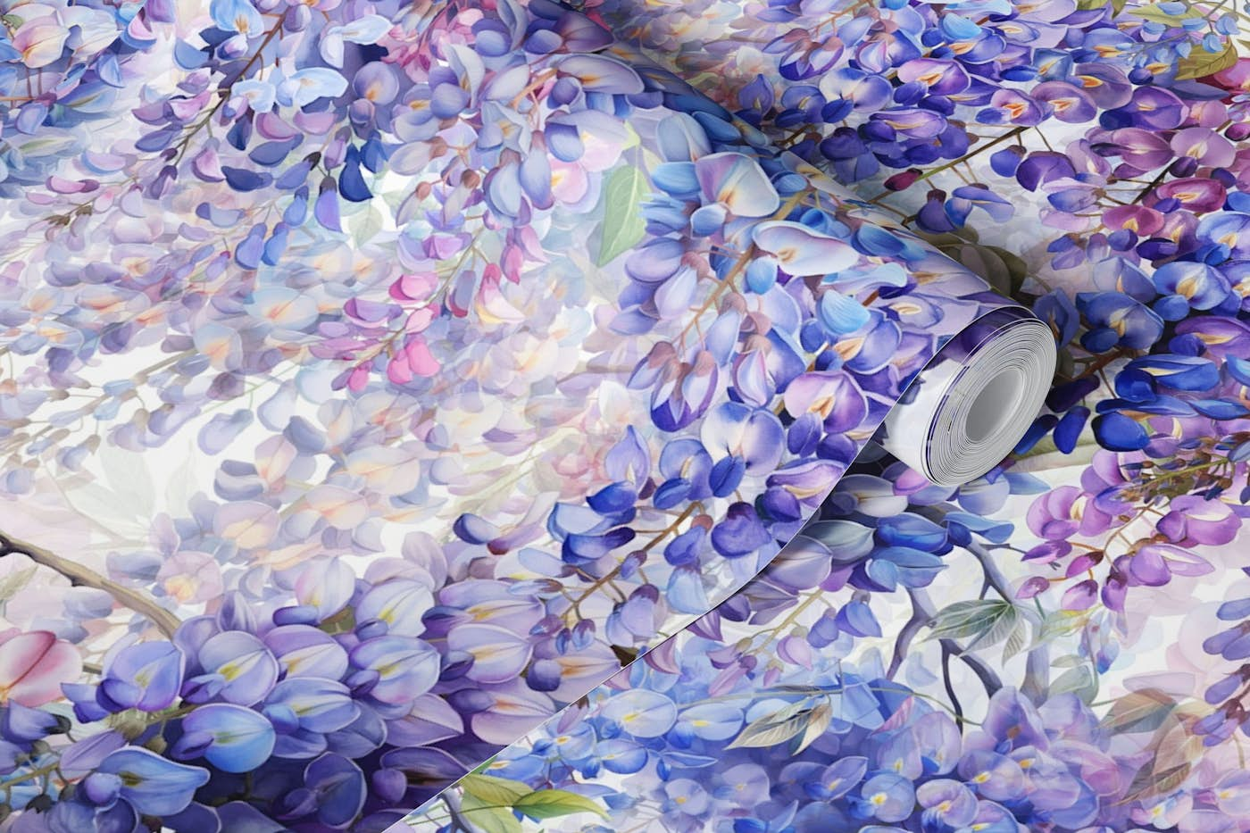 Blue Wisteria on White wallpaper roll